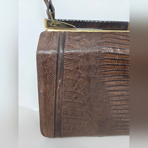 Womens Vintage Purse 1950's Dark Brown Exotic Repile Skin Arm Handbag Gold Tone - Picture 6 of 15